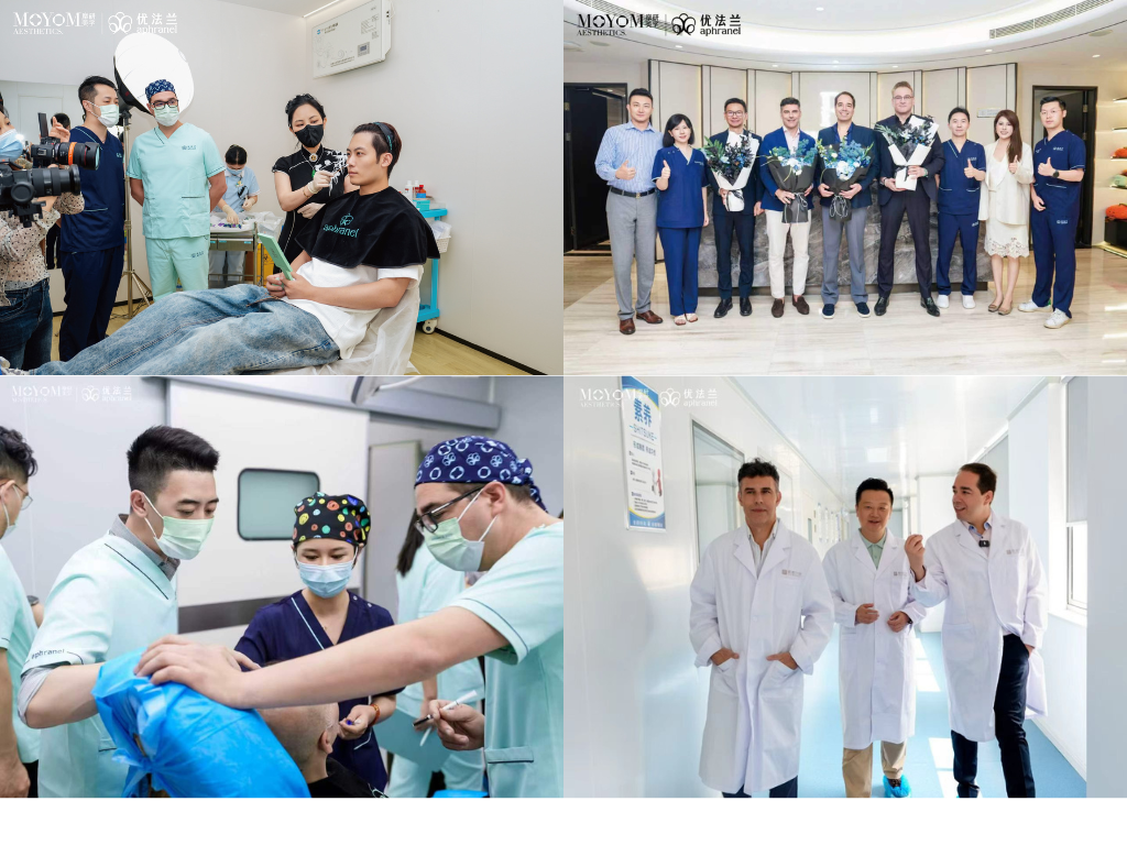 Scenes from Aphranel clinical visits in China, including physician exchanges and medical demonstrations.